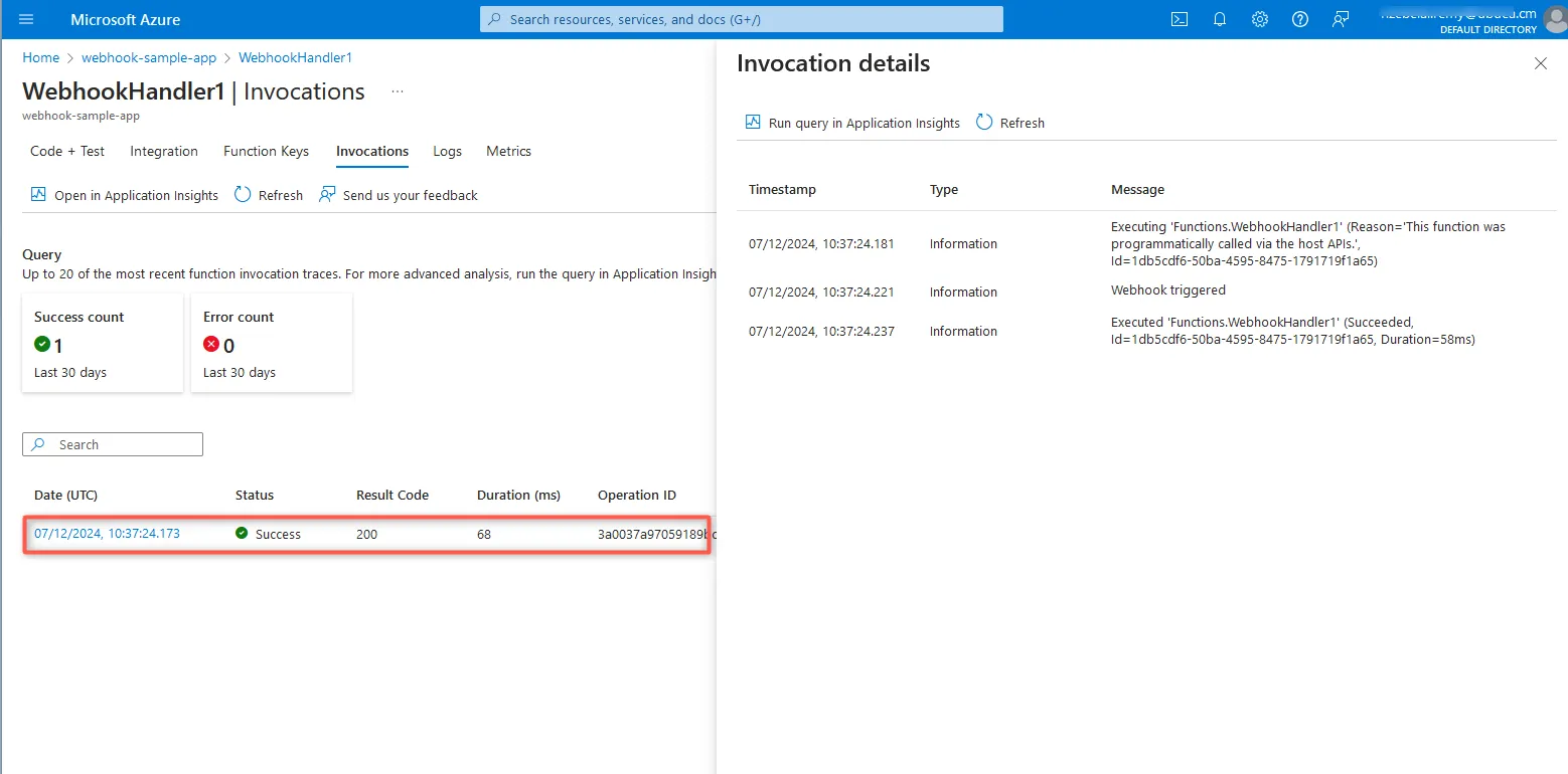 Azure Portal Function Invocation