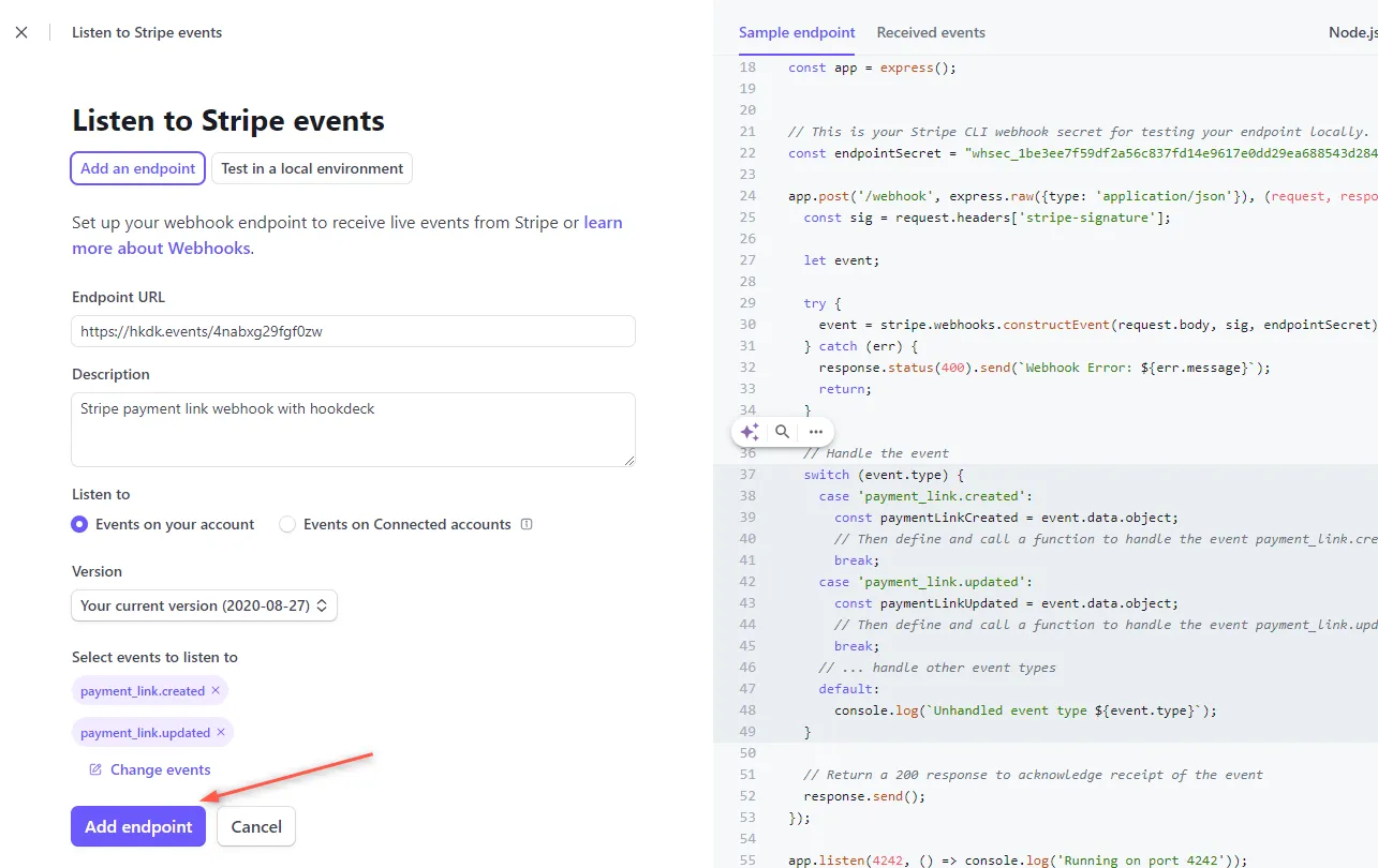 Listen to Stripe events screenshot