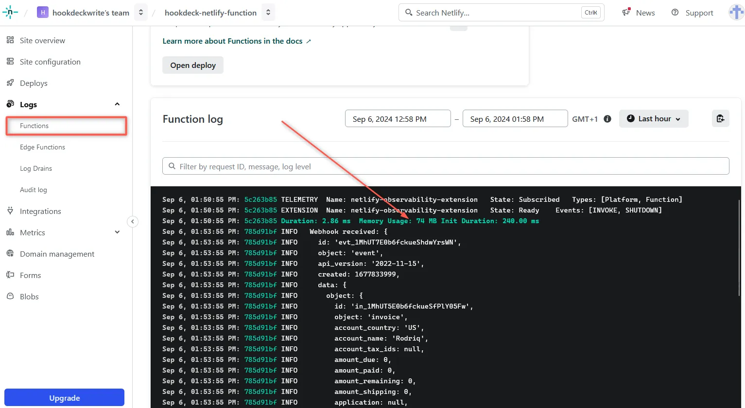 Netlify function log