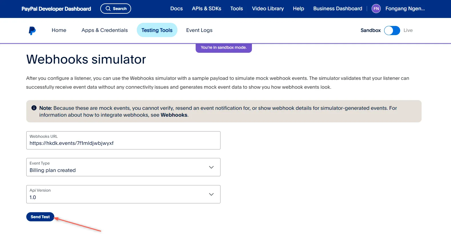 PayPal webhooks simulator send test screenshot