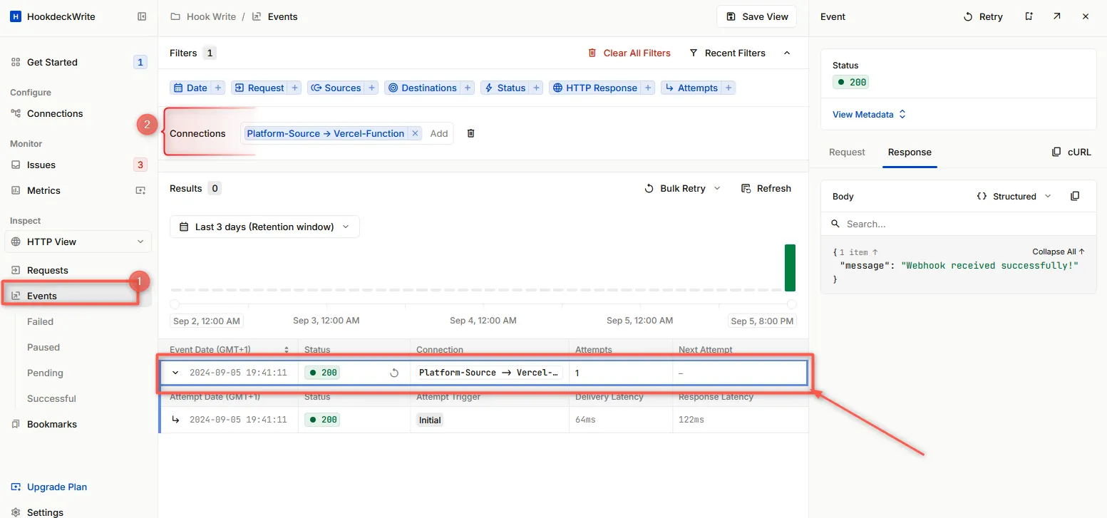 Vercel event Hookdeck dashboard