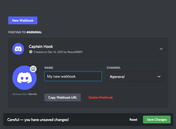 add new webhook integration in Discord