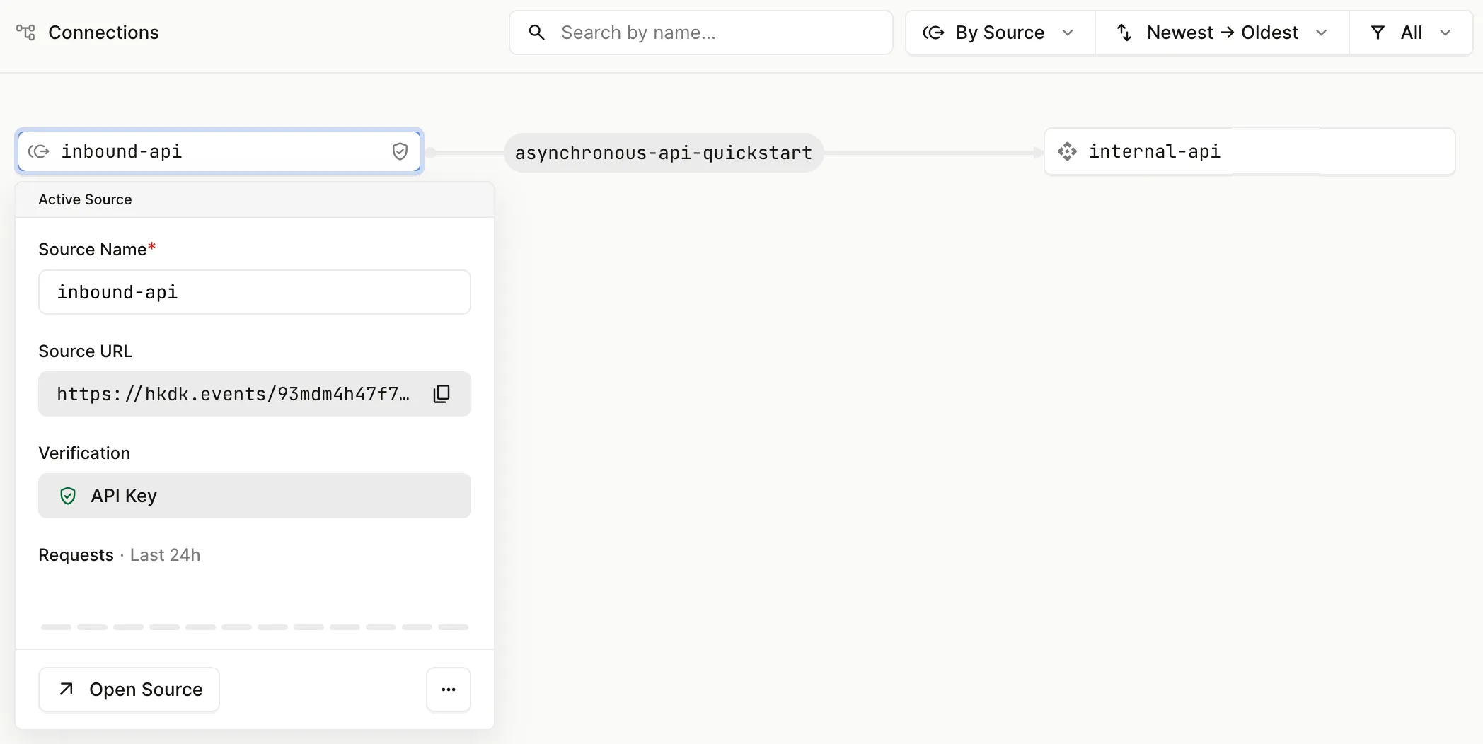 Quickstart asynchronous API connection within the Hookdeck dashboard