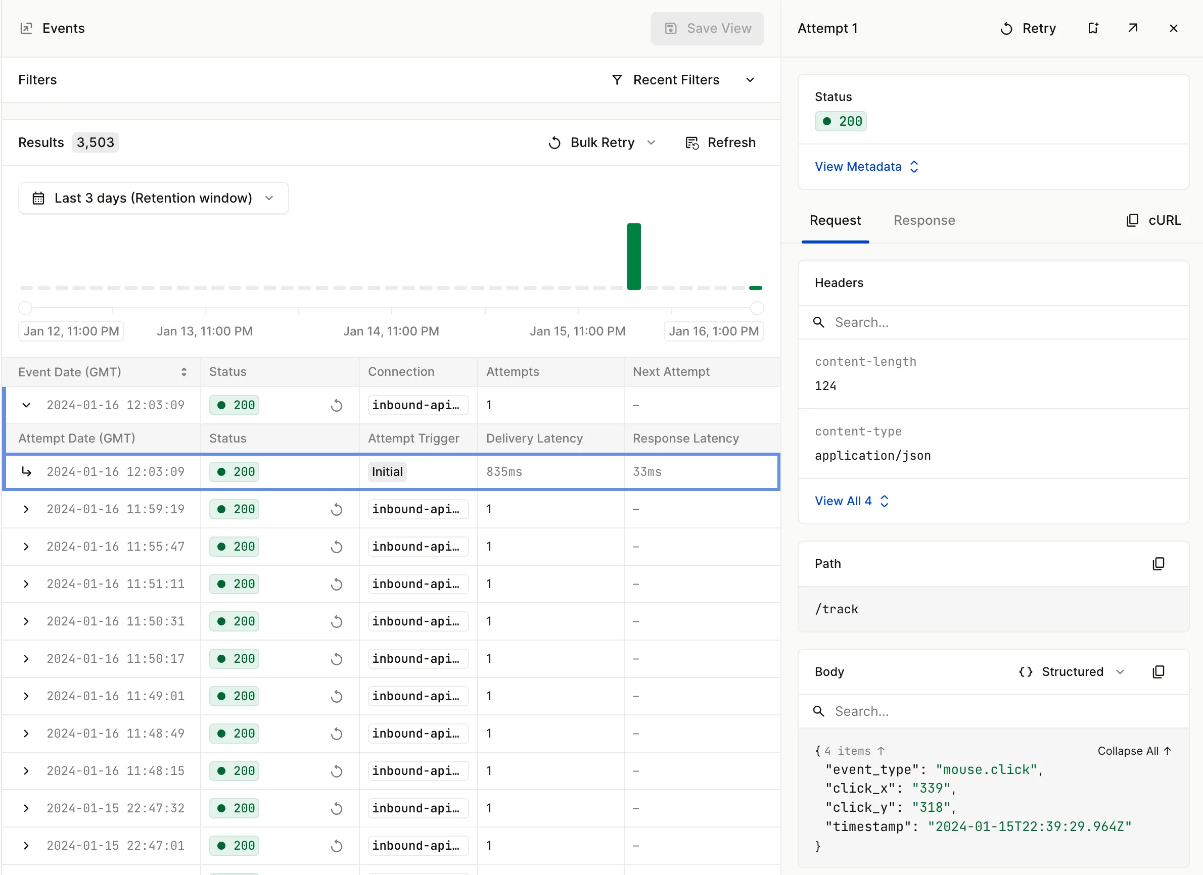 Events within the Hookdeck Dashboard