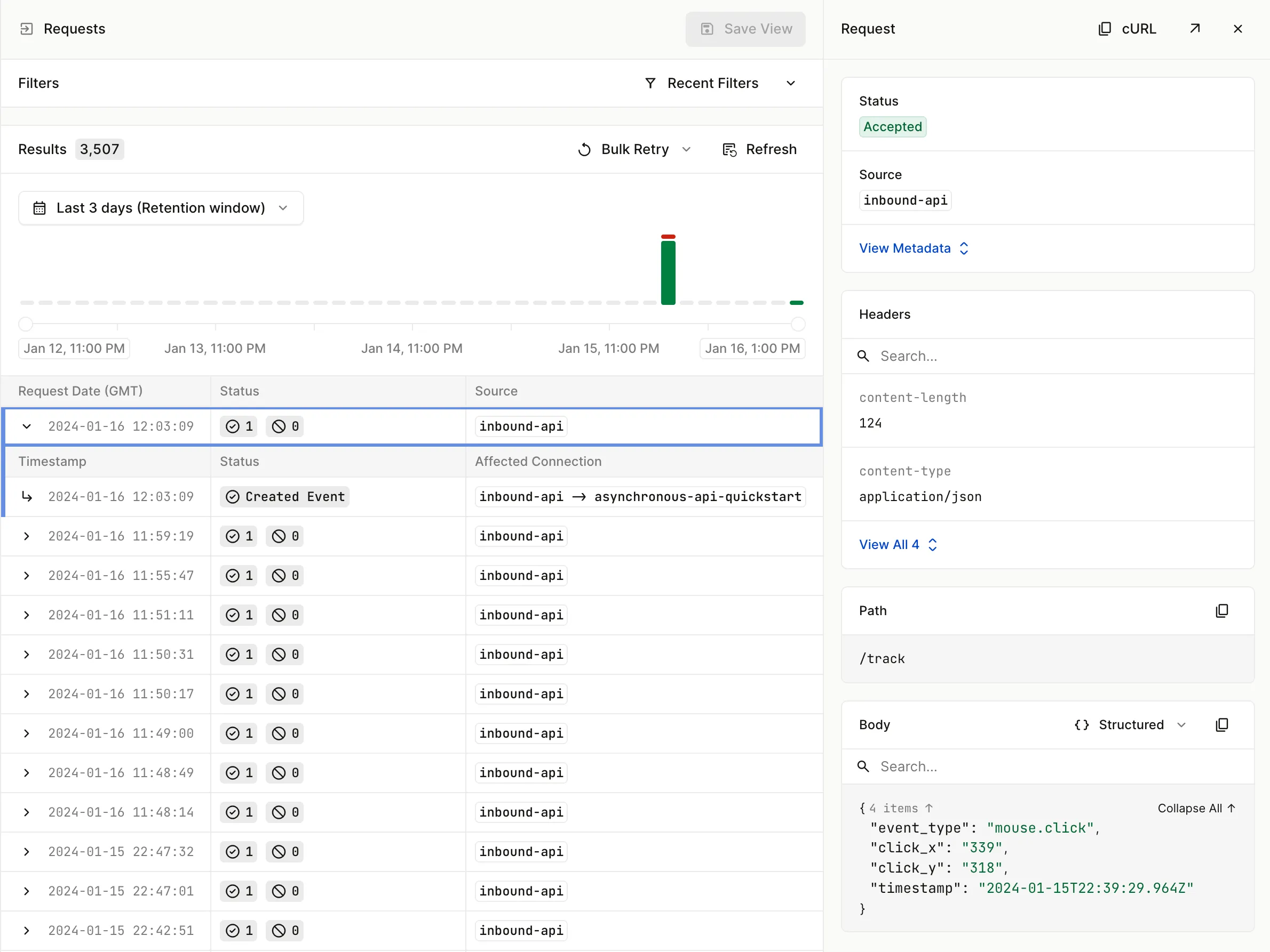 Requests within the Hookdeck Dashboard