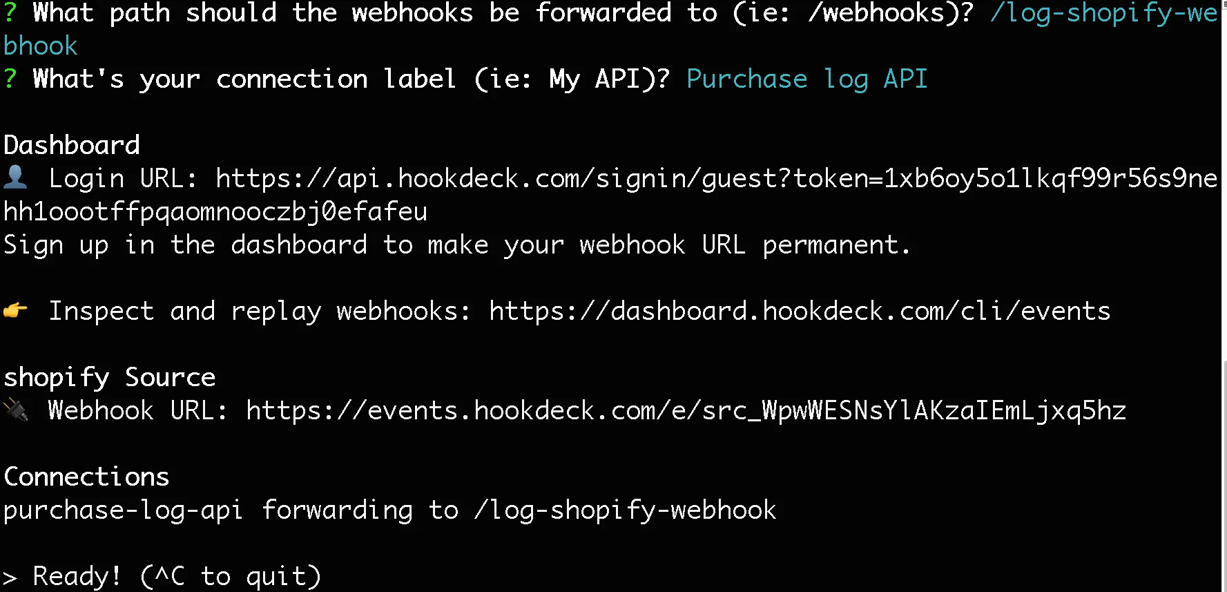 Hookdeck CLI ready for Shopify webhook connection