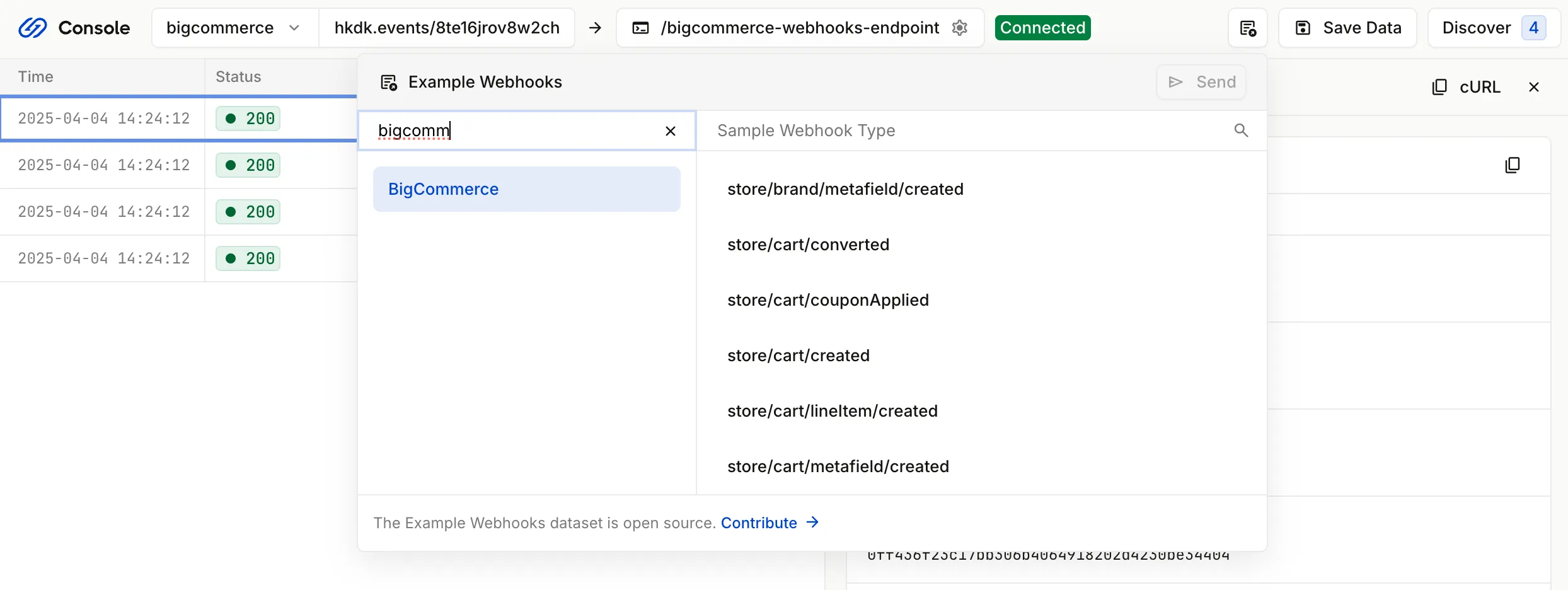 Example webhooks dialog