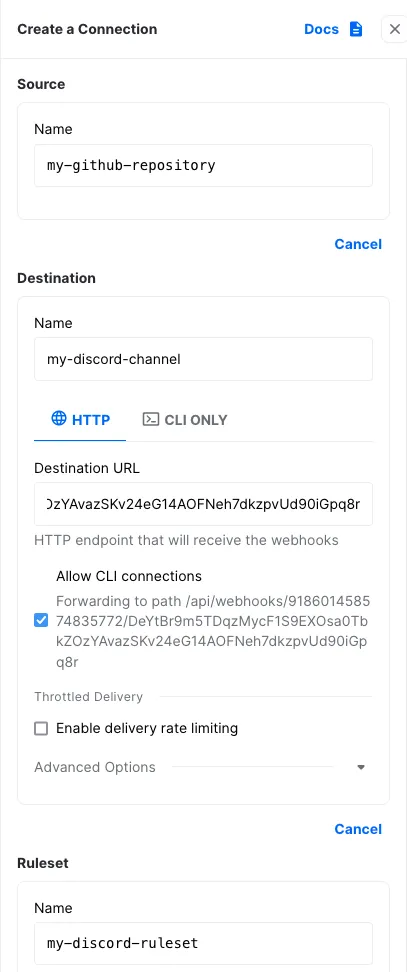 create webhook connection in Hookdeck