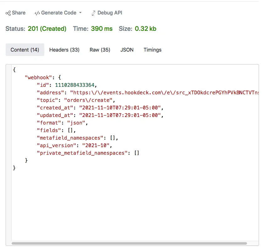 Response for request to create shopify webhook in Reqbin