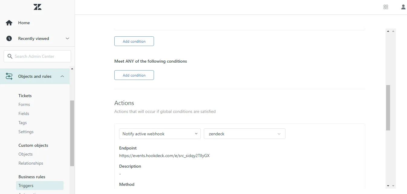 Define webhook trigger on Zendesk