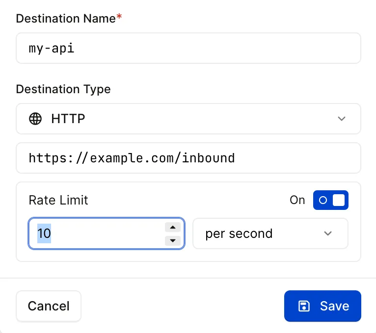 Destination rate limit popup