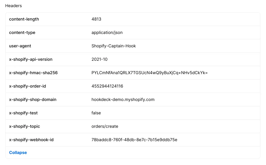 Inspect Shopify webhook event header in Hookdeck 