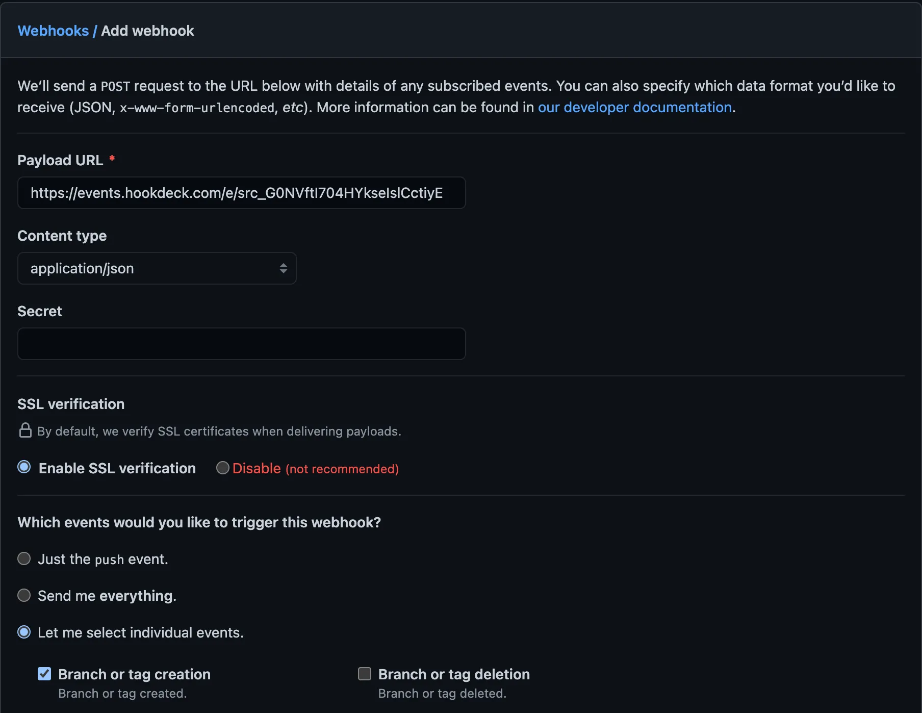 Github webhook event subscription