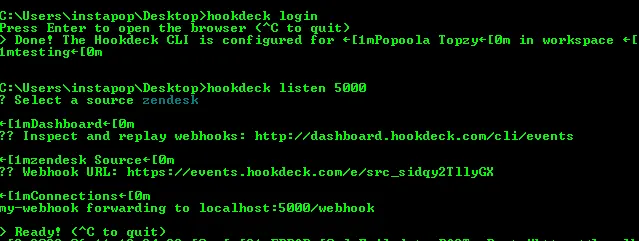 Hookdeck webhook url for Zendesk in Terminal