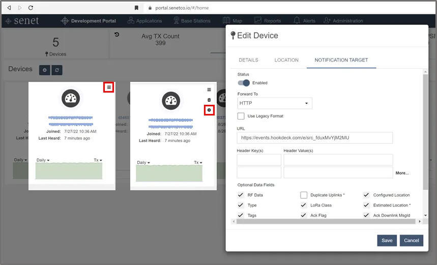 Screenshot of the edit device stage in senet portal