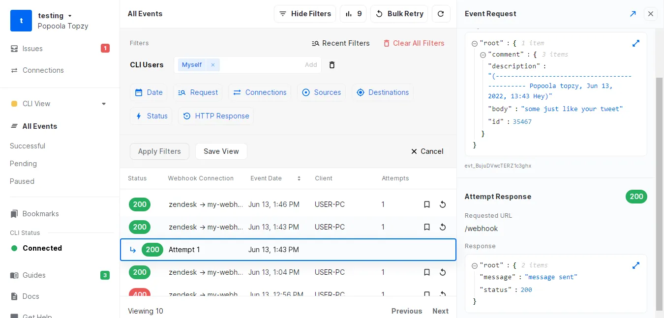 Inspect Zendesk webhook on Hookdeck Dashboard