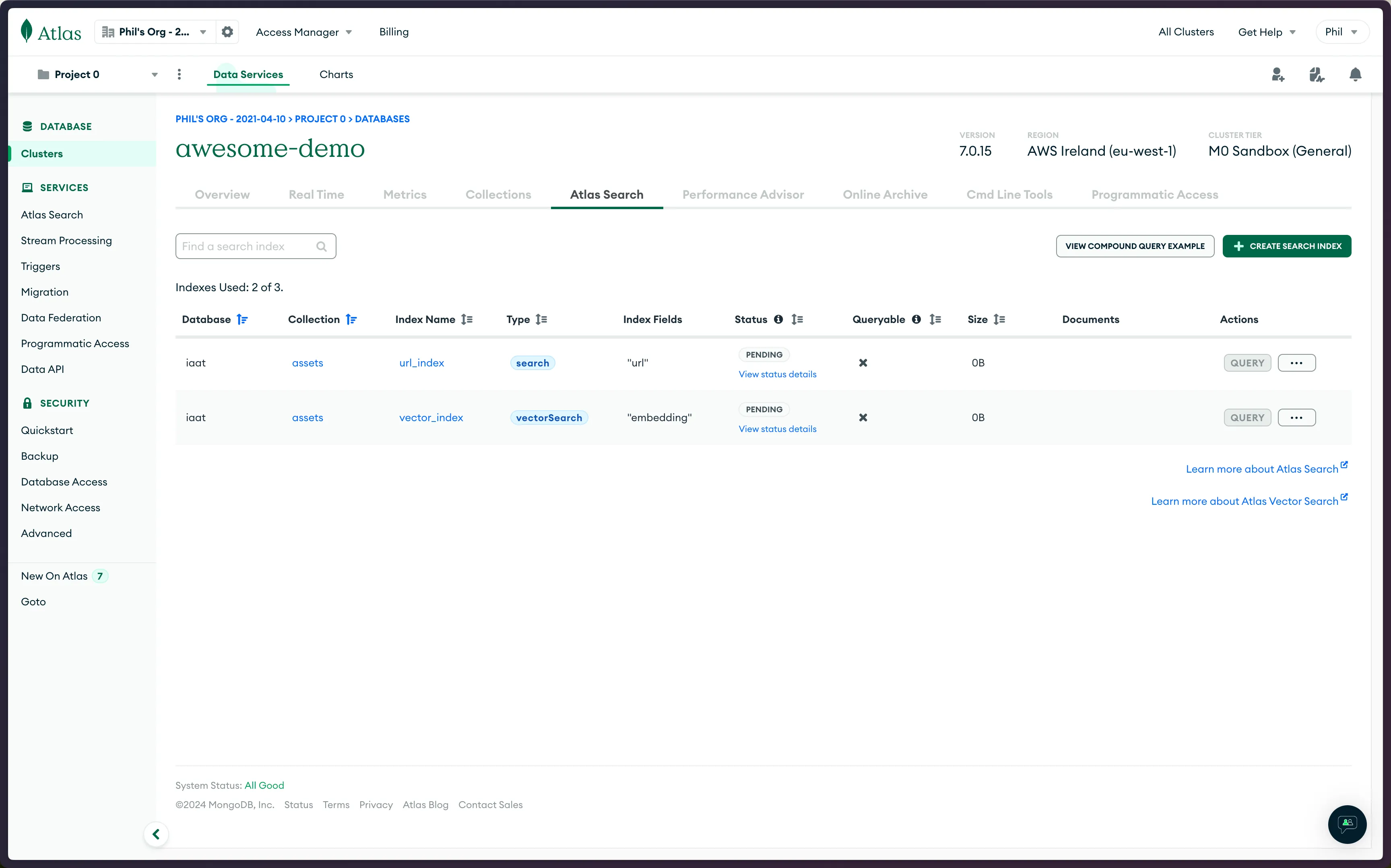 MongoDB Atlas dashboard Atlas Search indexes