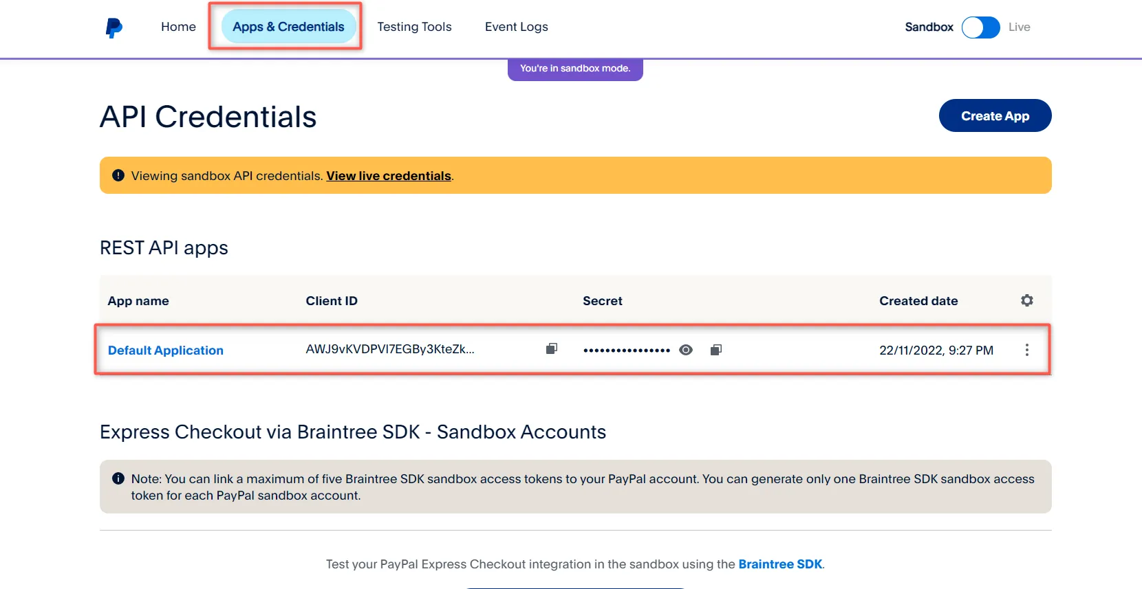 creating a paypal app