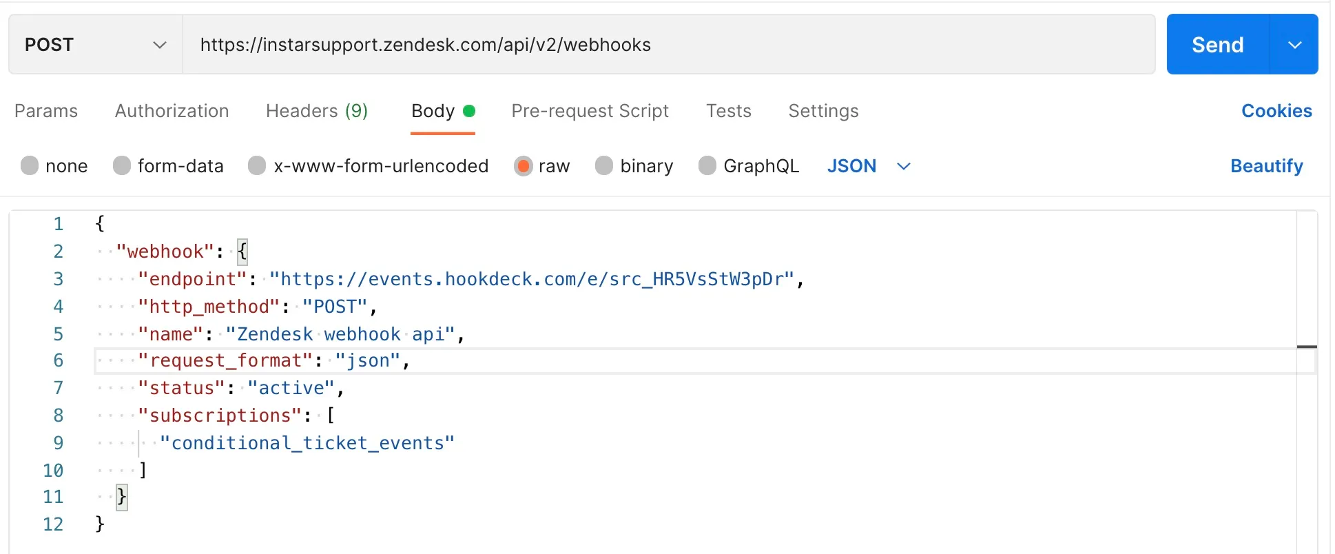 Postman Zendesk API webhook subscription