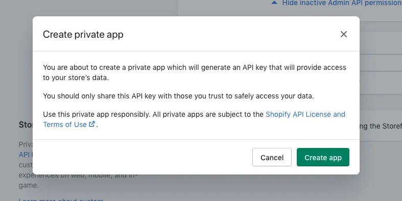 Click save to create private Shopify app