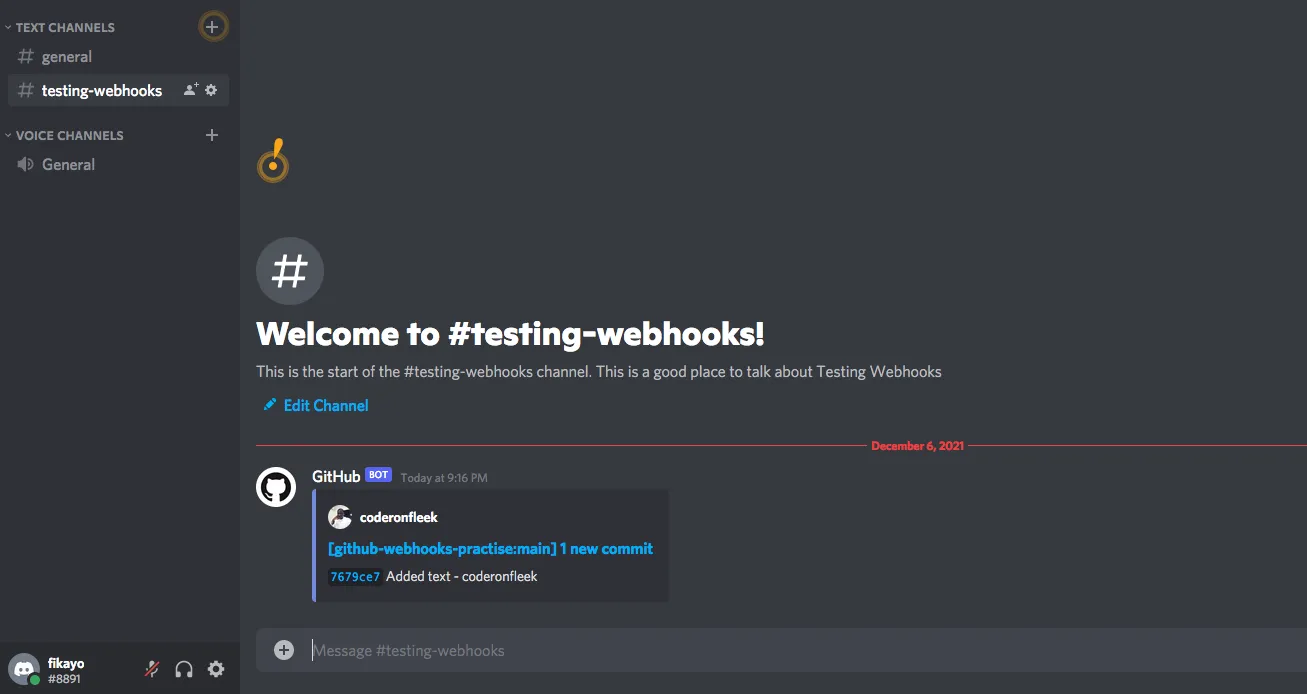confirm discord received a notification for github webhook