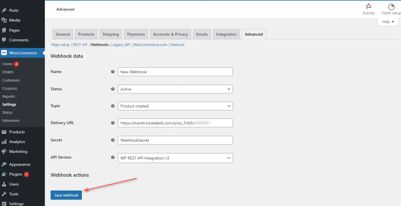 Save WooCommerce webhook