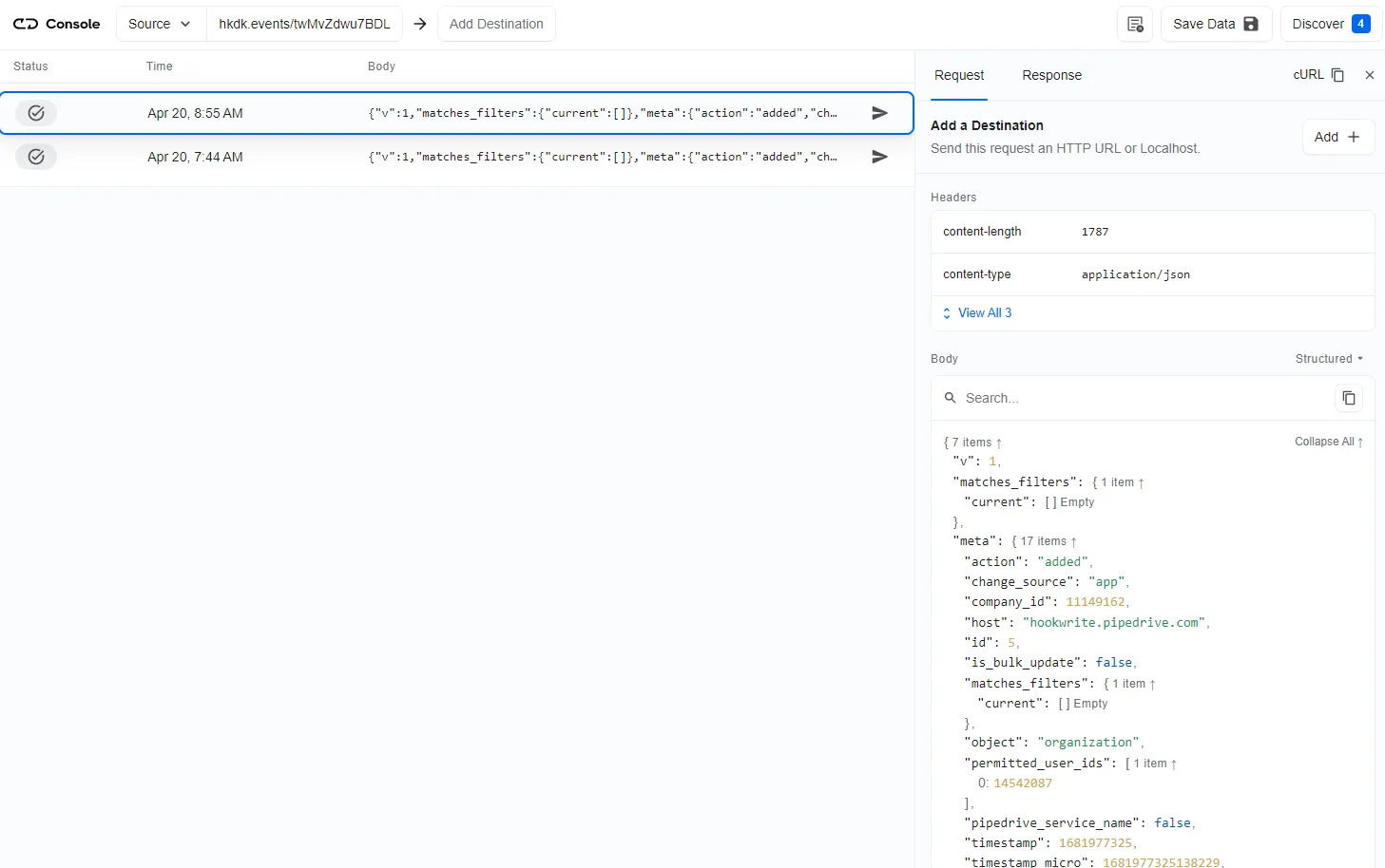 Pipedrive Live Payload