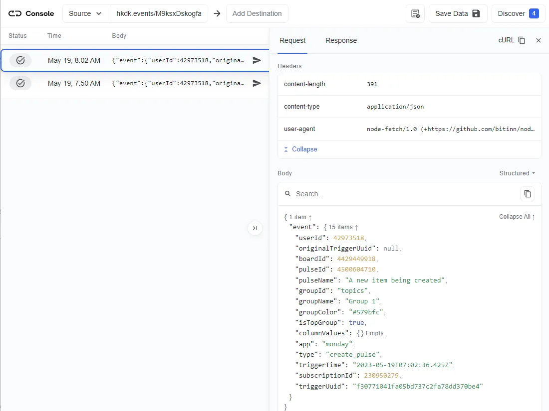 monday webhook received on console