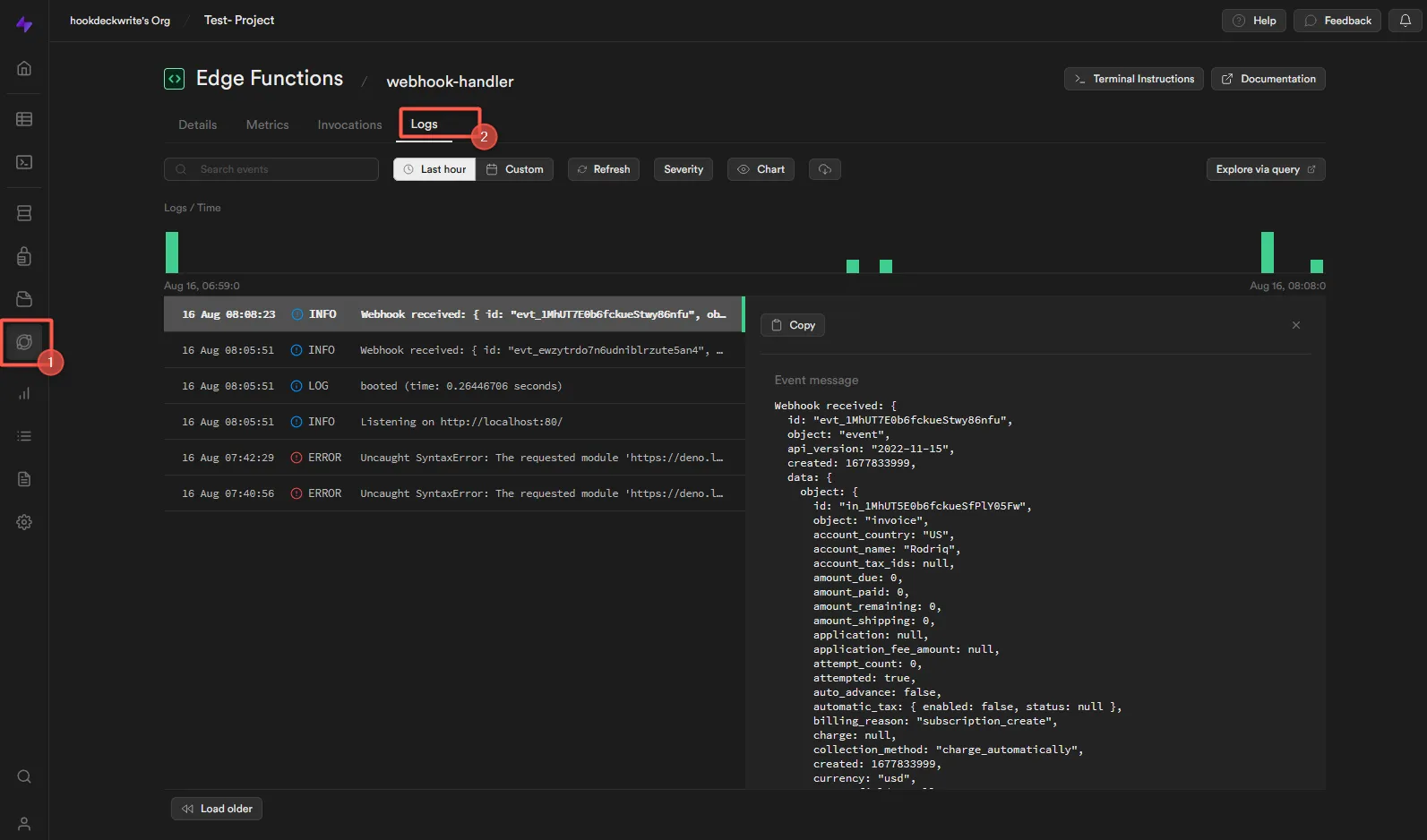 Supabase Edge Functions logs