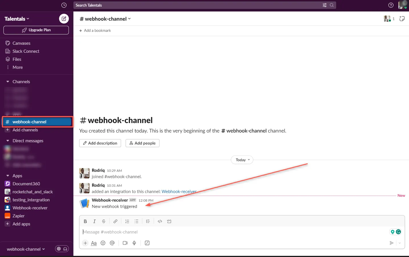 Check Slack channel for webhook