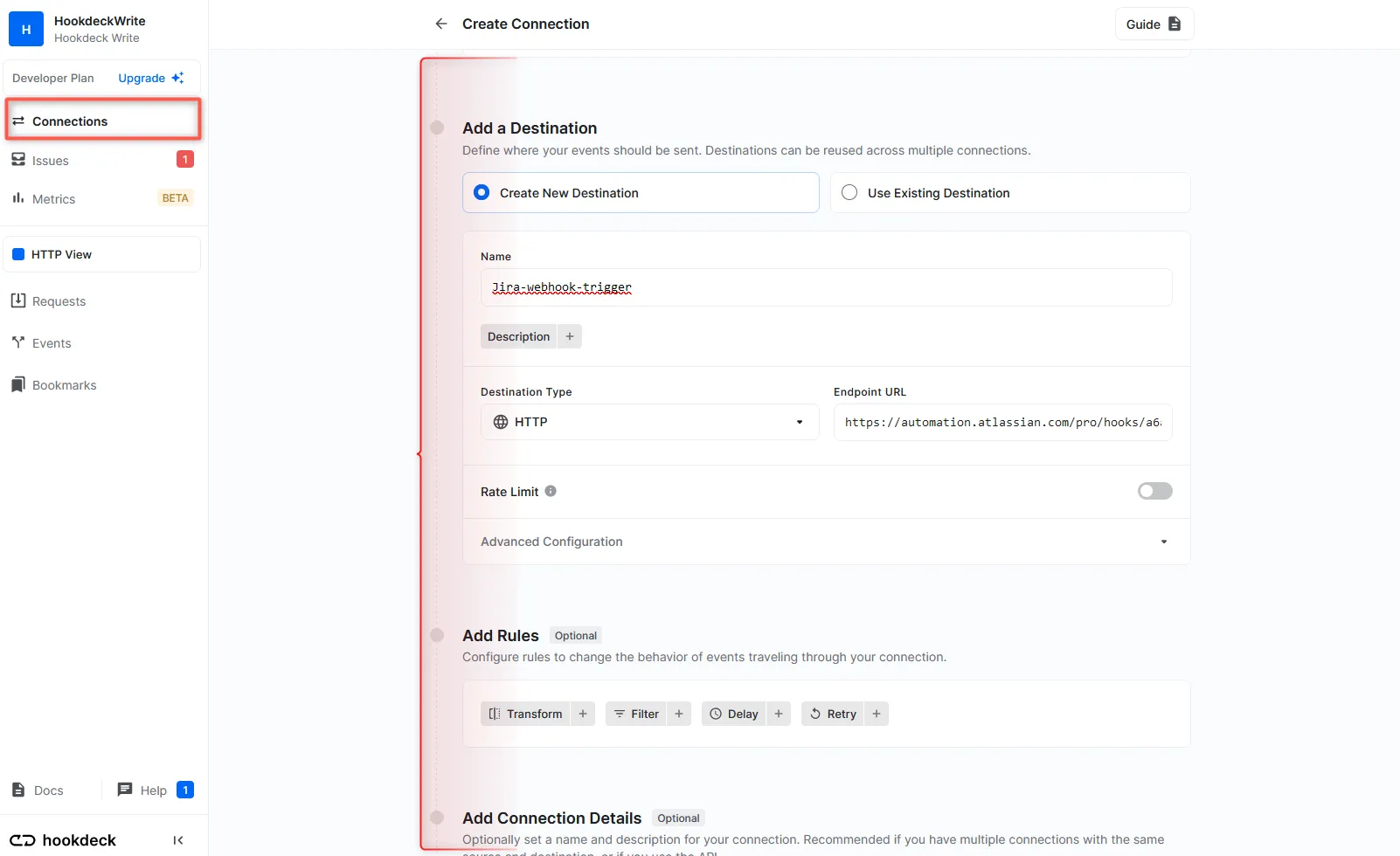 Create a Hookdeck Jira Connection