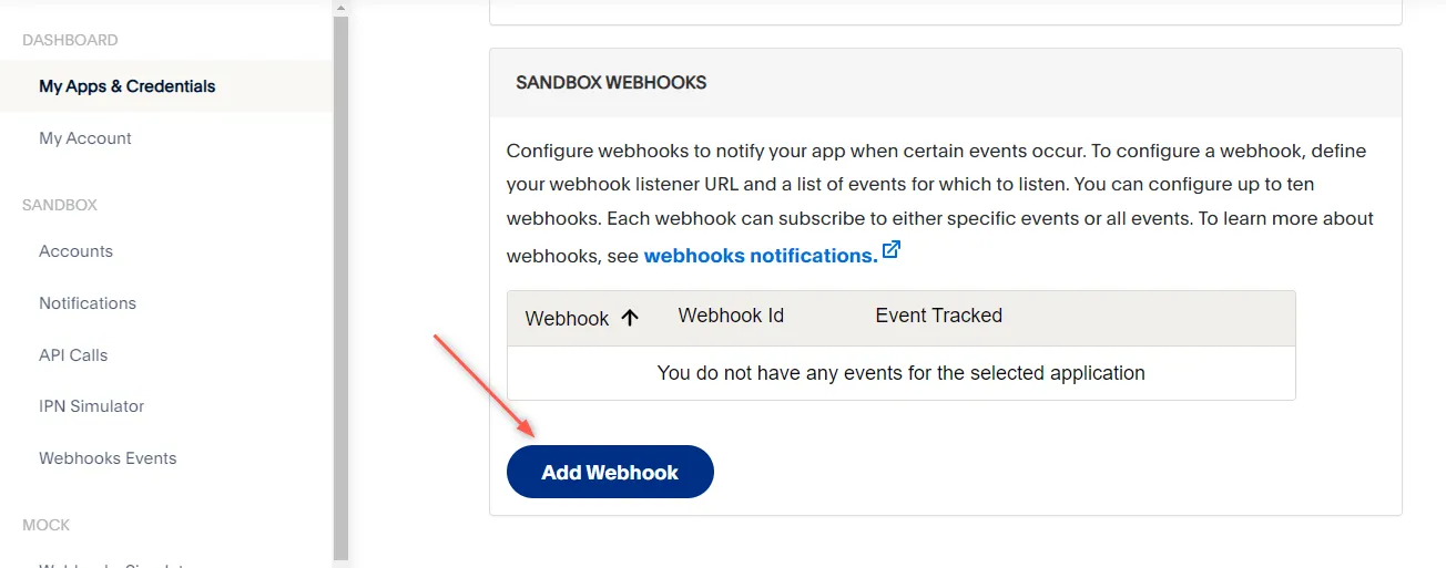 add webhook on paypal app screenshot