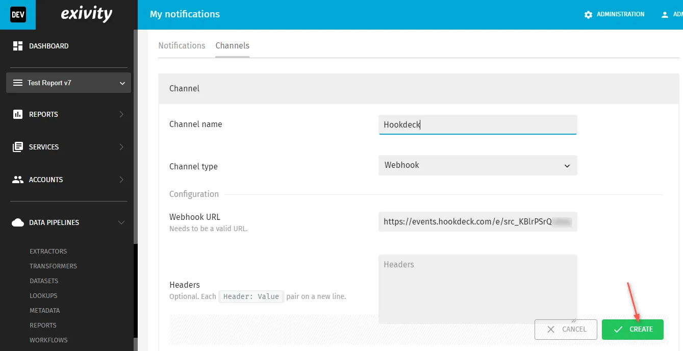 Exivity Dashboard Create Hookdeck Channels screenshot