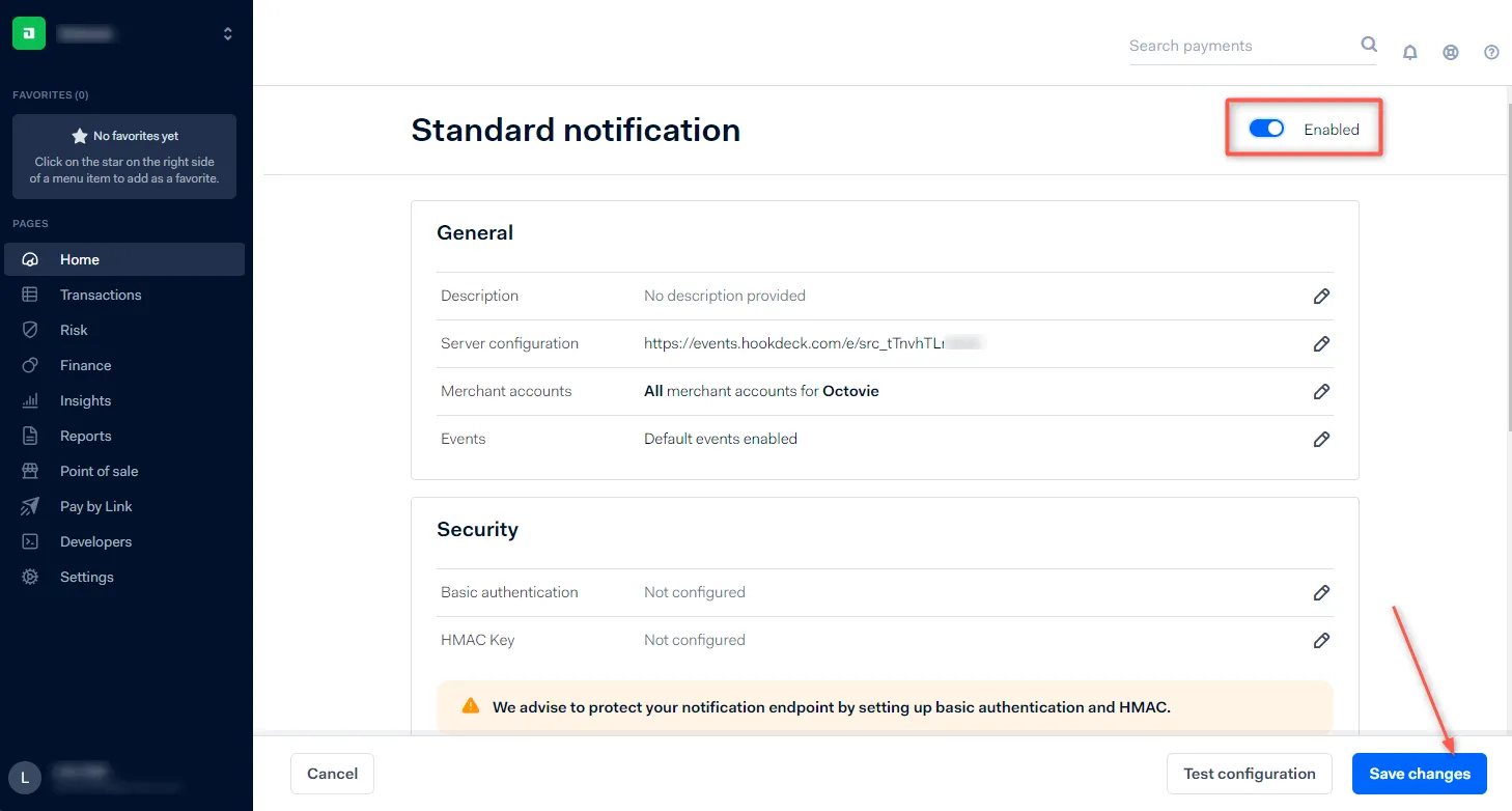 Standard notification Adyen dashboard screenshot