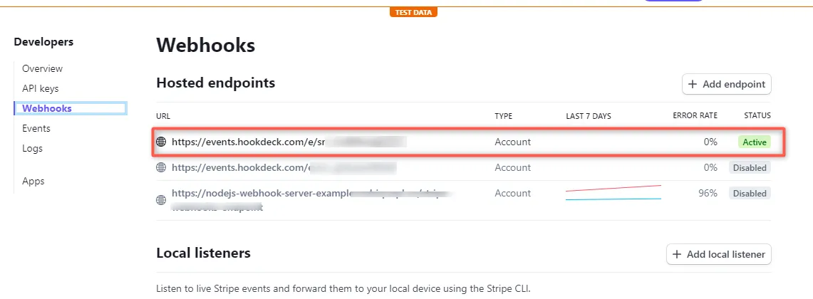 Stripe active status webhooks screenshot