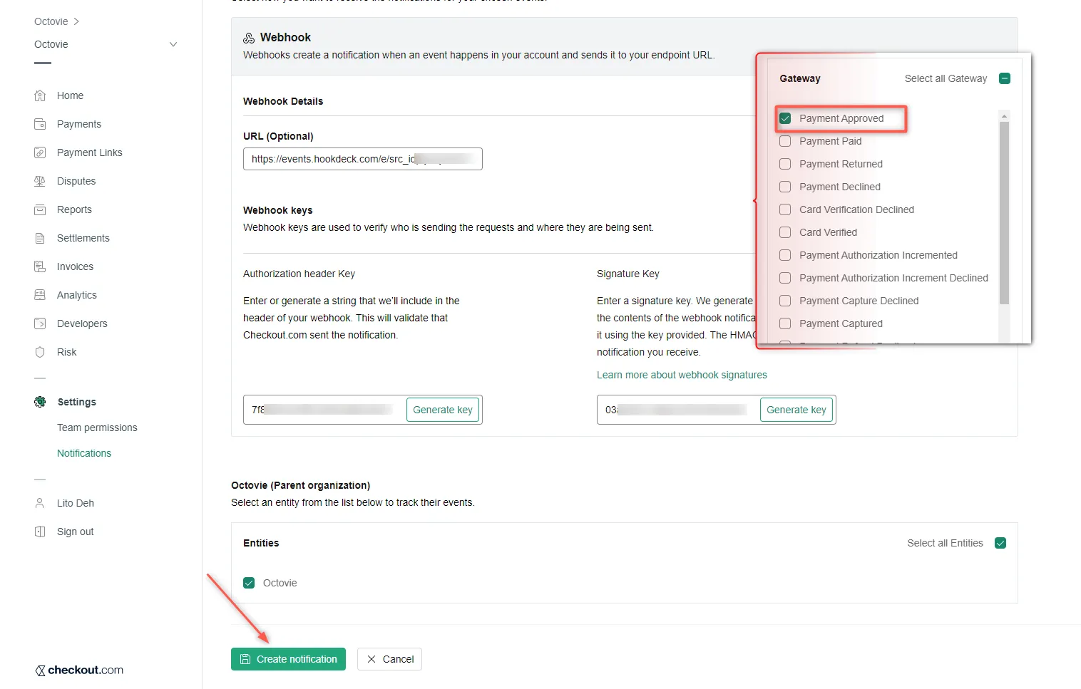 Create notification on Checkout dashboard