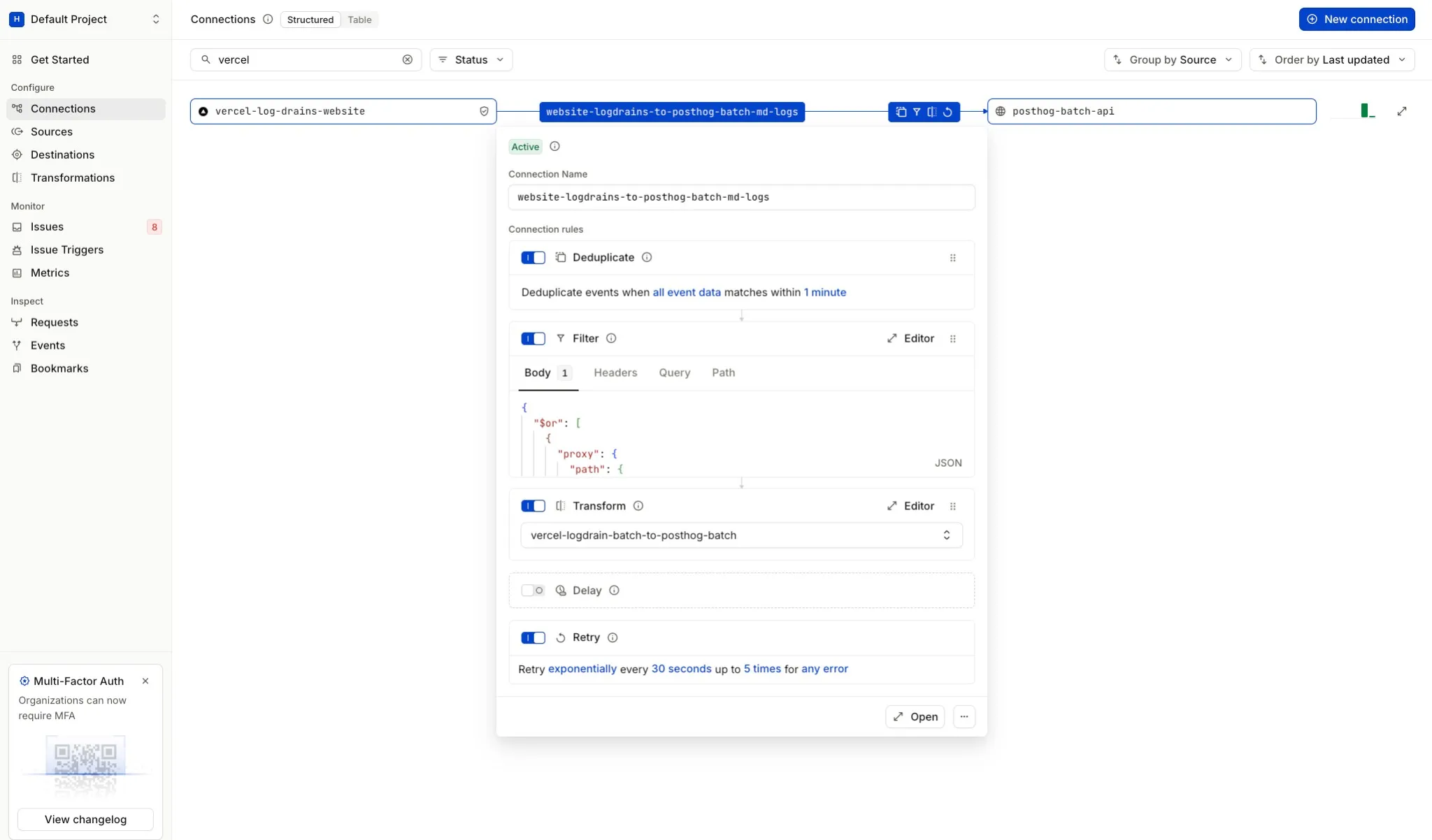 Hookdeck connection showing vercel-log-drains-website source, connection with Deduplicate, Filter (Body) with $or/$endsWith schema, and Transform rules, and posthog-batch-api destination