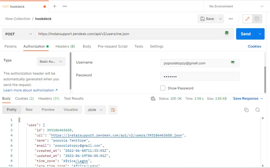 Zendesk API authentication Basic Auth