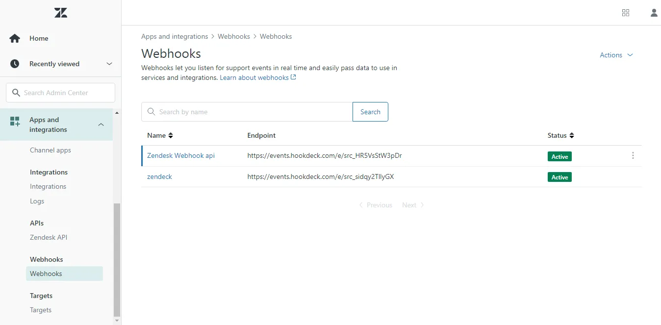 Zendesk dashboard with webhook subscription