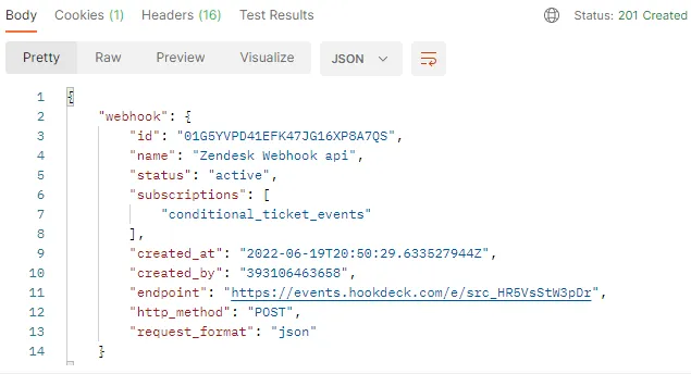 Zendesk webhook subscription response