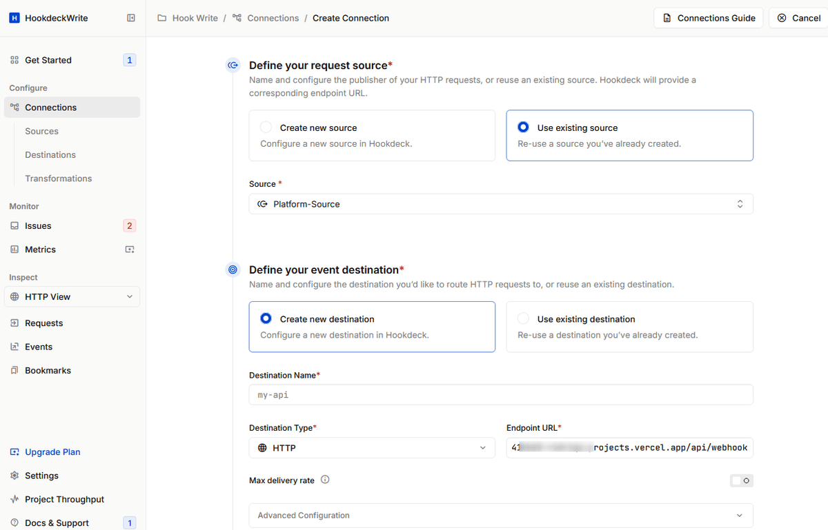 Create Vercel Hookdeck connection