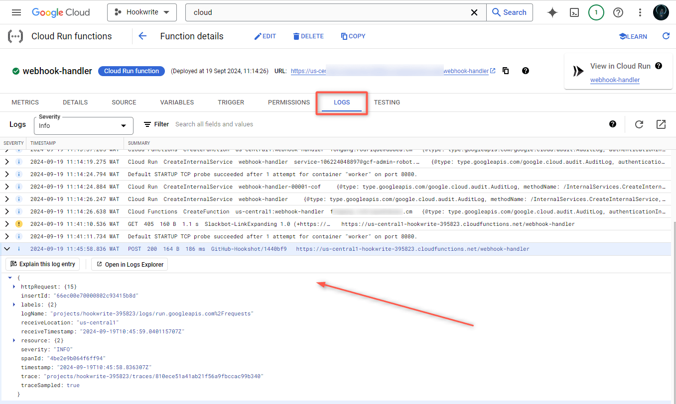 Google Cloud Console logs