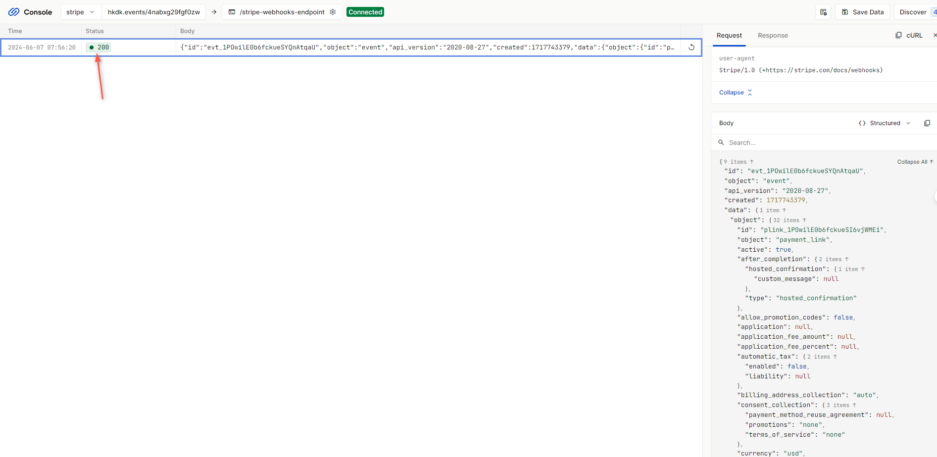 Hookdeck console 200 success