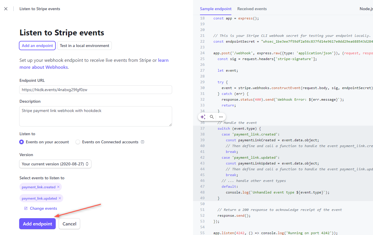 Listen to Stripe events screenshot