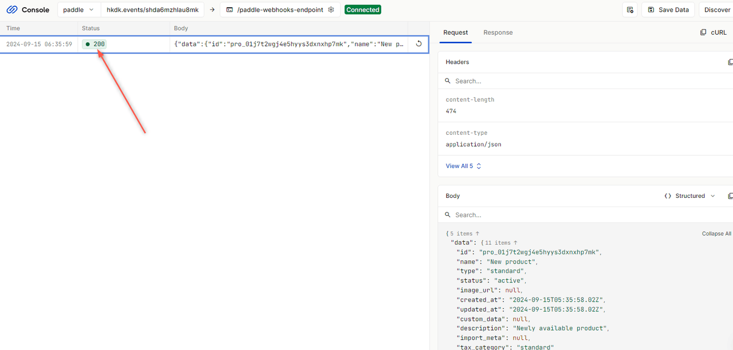 Hookdeck Console Paddle event received