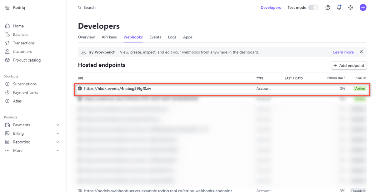 Stripe active webhook