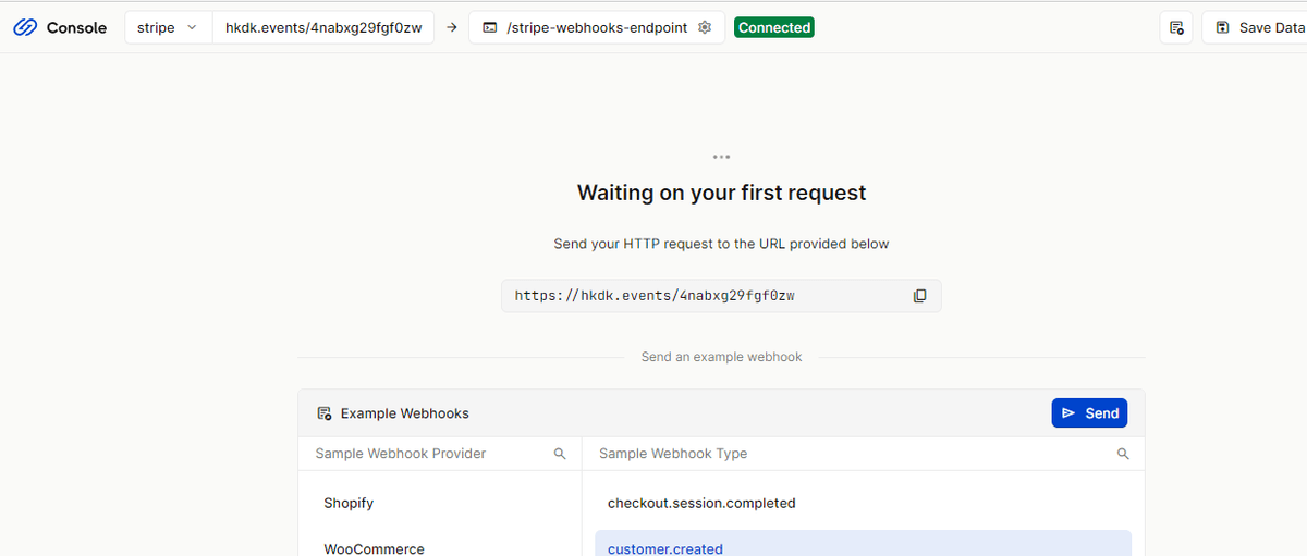 Stripe connection on hookdeck console screenshot