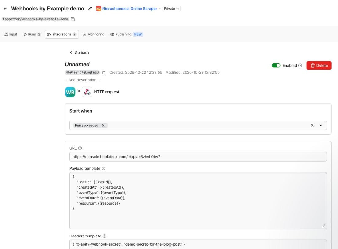 An Apify webhook on a task: run succeeded, a Hookdeck Console URL, the default payload template, and a shared secret in the headers template