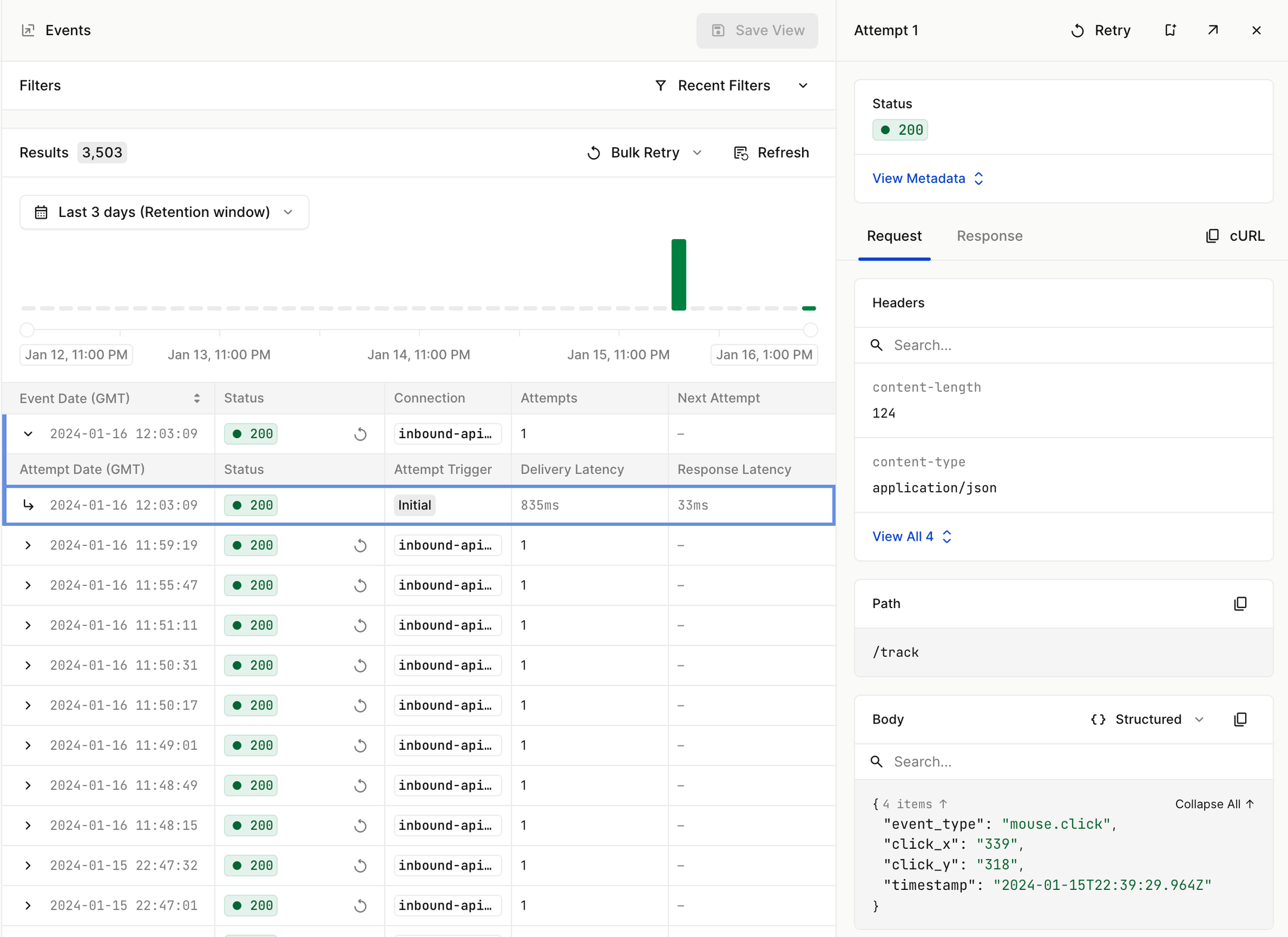 Events within the Hookdeck Dashboard