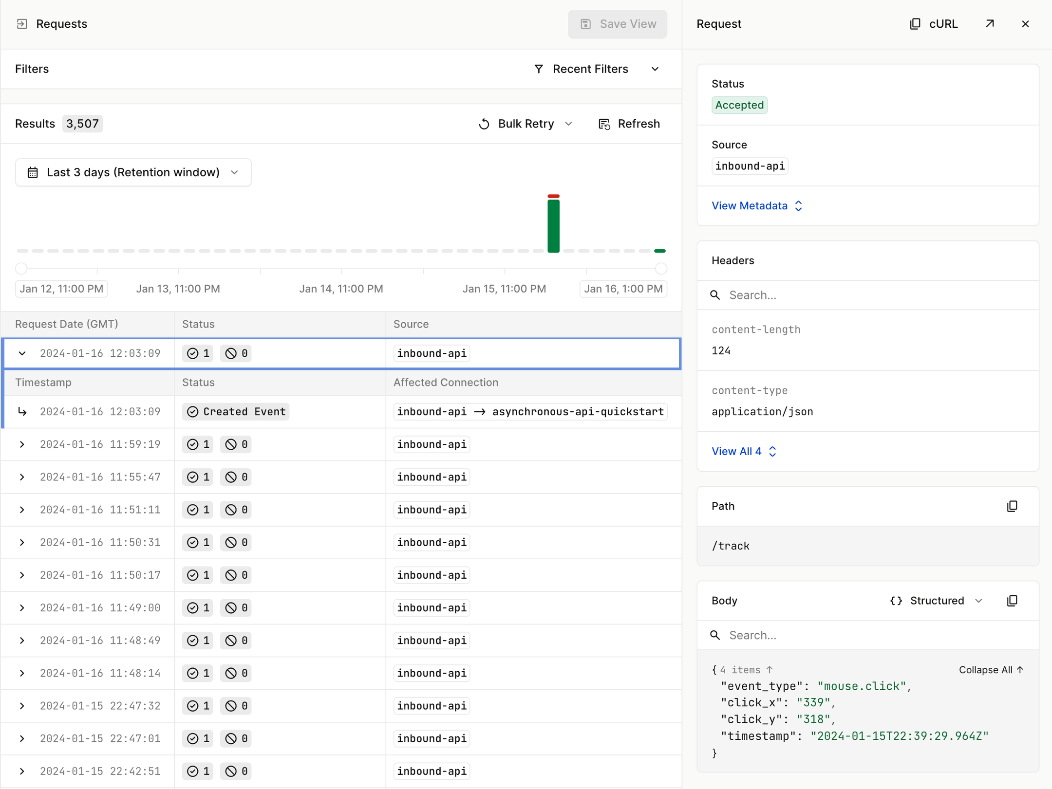 Requests within the Hookdeck Dashboard